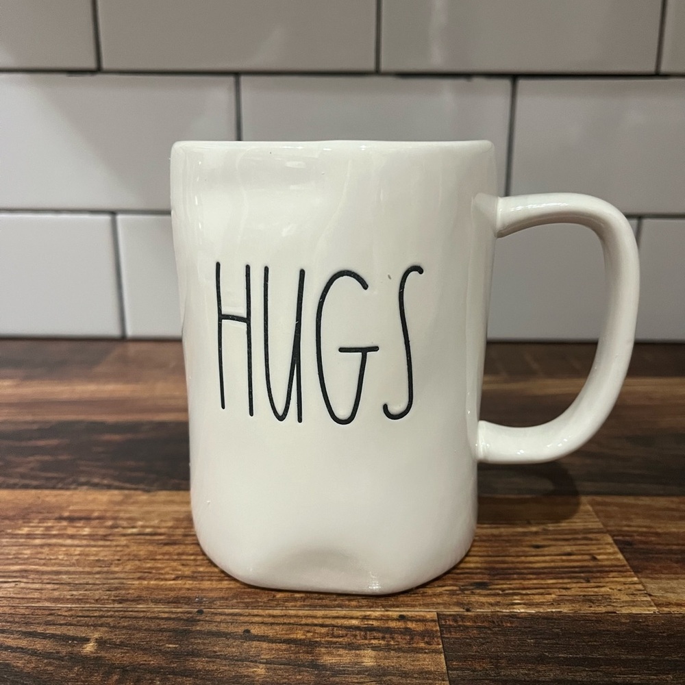 Rae Dunn White Ceramic Coffee Cup Mug with Hugs Writing